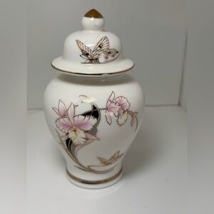 Vintage Japanese Ginger Jar Fine China with Gold Trim, Orchid and Butterfly
